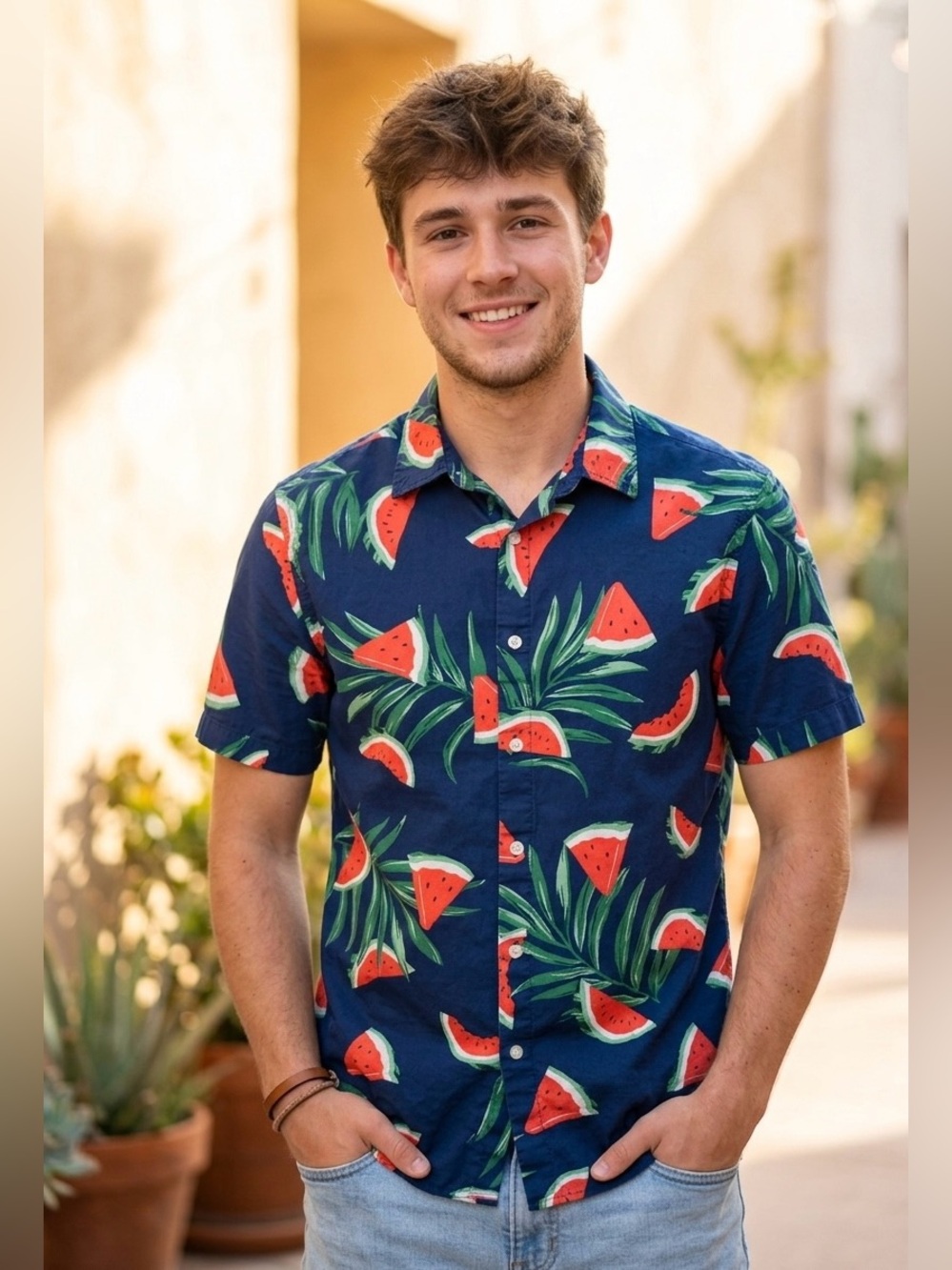 Old Navy Tropical Watermelon Button Down Shirt Built In Flex Mens Size Small